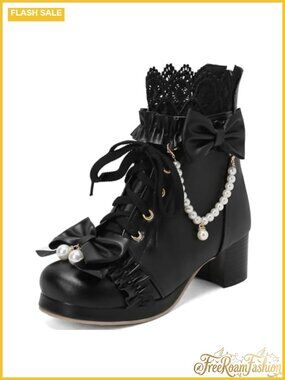 Lolita Ankle Boots Chunky Mid Heel Lace Up Bow Kawaii Women